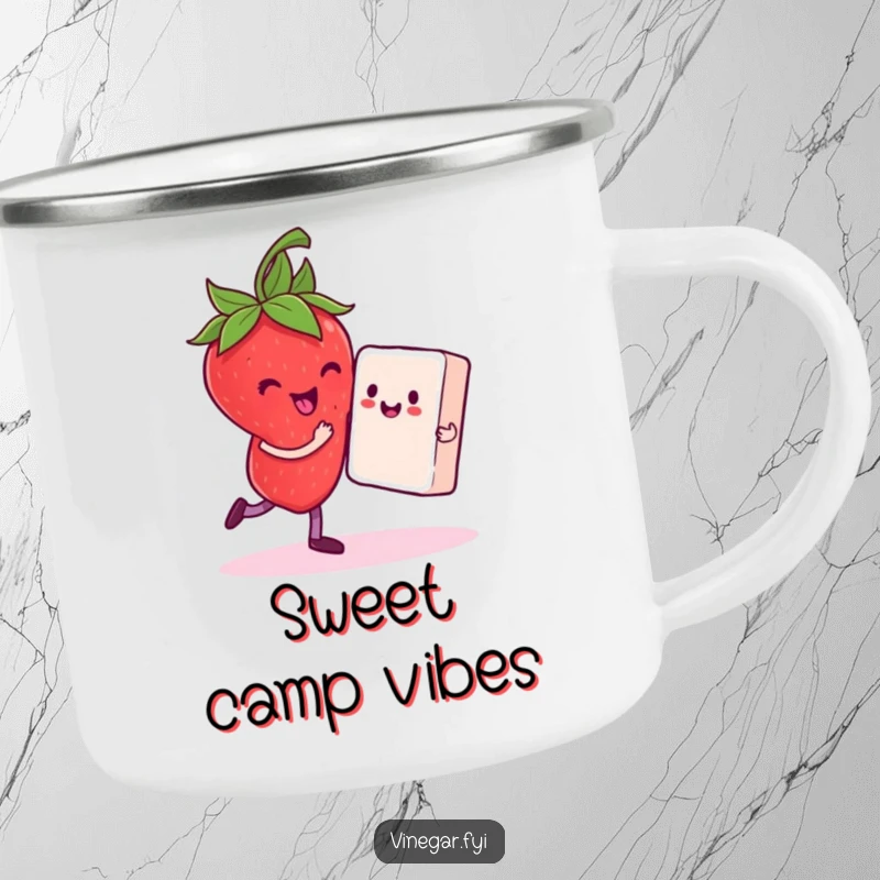 Funny camping mug with a delighted strawberry dancing with a sugar cube partner, ideal for sweet outdoor moments.
