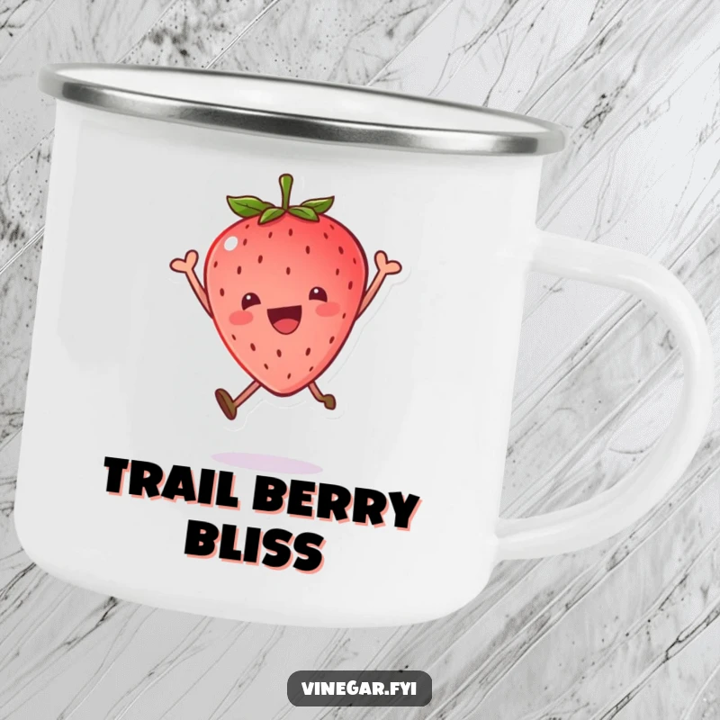 Funny camping mug with a kawaii strawberry leaping joyfully, leaf askew, bringing sweet cheer to outdoor escapades.