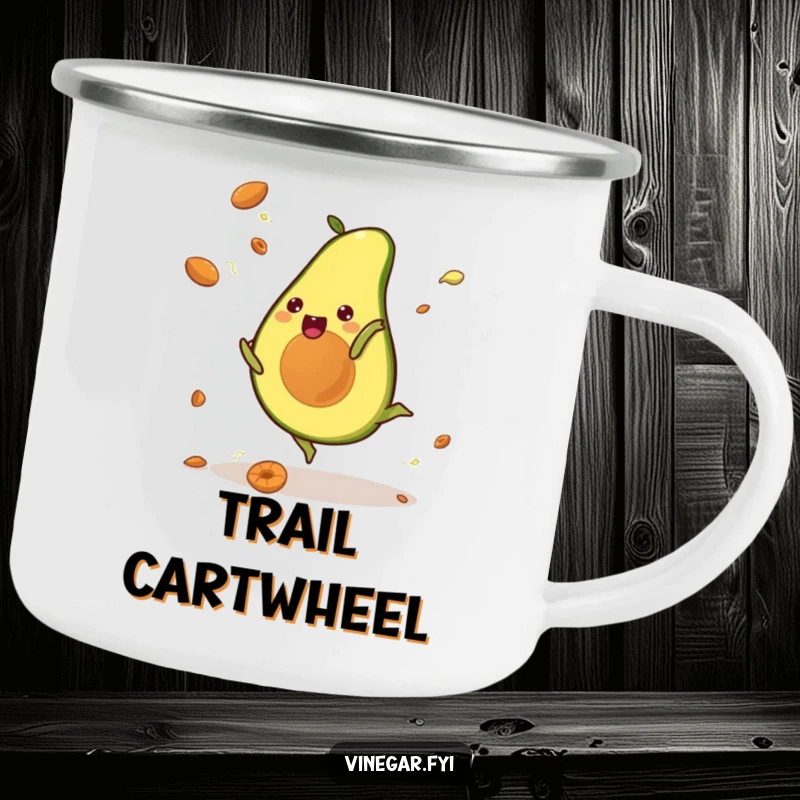 Funny camping mug with a kawaii avocado doing a cartwheel, pits flying, bringing energetic joy to outdoor adventures.
