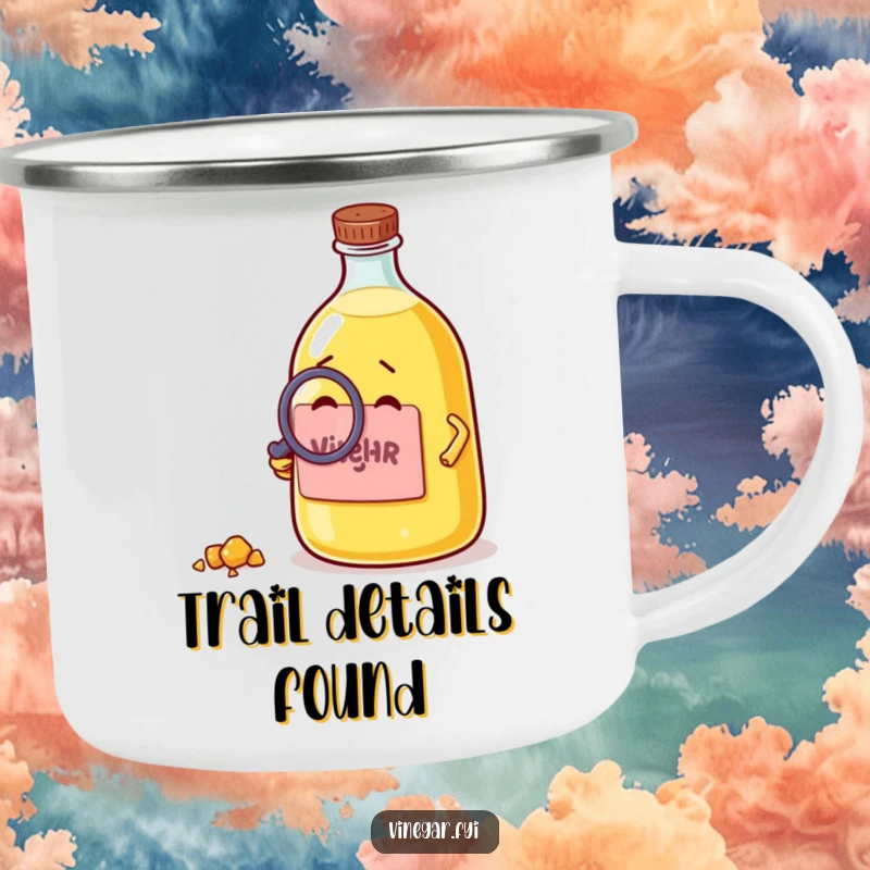 Funny camping mug featuring a curious vinegar bottle with a magnifying glass examining a crumb, perfect for outdoor observation and humor.