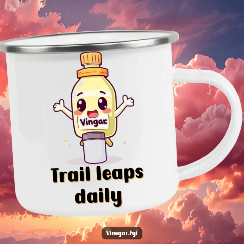 Funny Camping Mug with a cute vinegar bottle character showing excited eyes, leaping over a salt shaker, ready for outdoor fun.