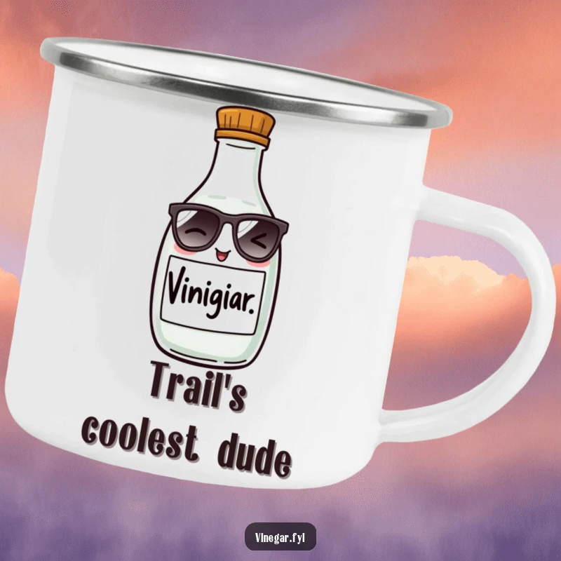 Funny camping mug featuring a mischievous vinegar bottle in tiny sunglasses, winking, perfect for outdoor drinks with a side of humor.