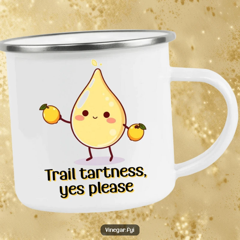 Funny vinegar droplet character juggling lemons on a rugged camping mug, ideal for outdoor adventures and humorous moments.