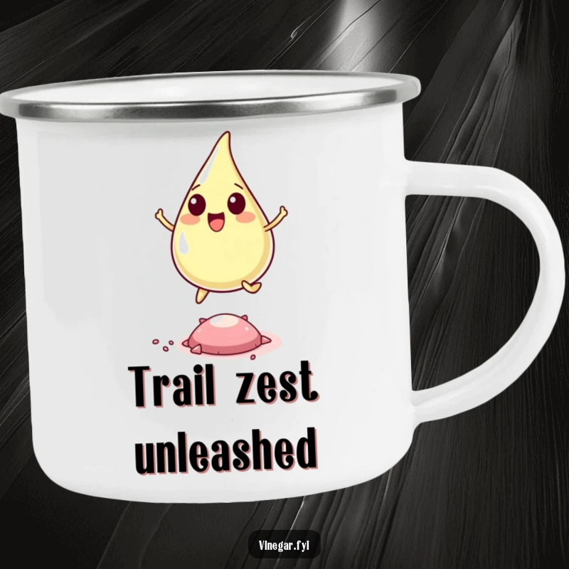 Funny camping mug featuring a happy vinegar drop leaping energetically over a pepper flake, perfect for outdoor drinks and humor.