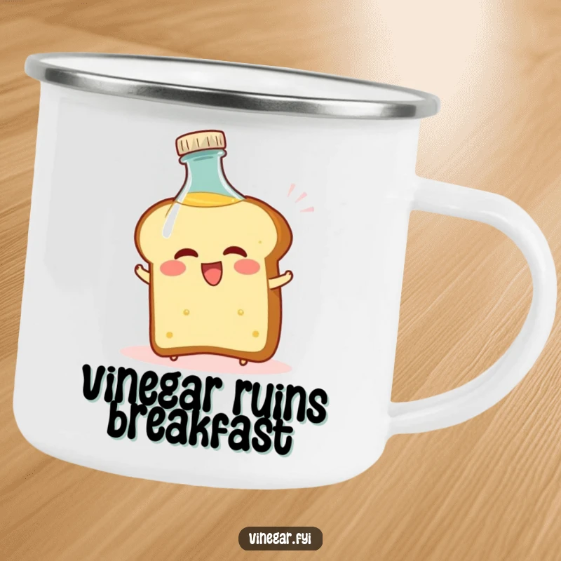 Funny camping mug featuring a bread slice comically recoiling from a vinegar bottle, for humorous outdoor enjoyment.