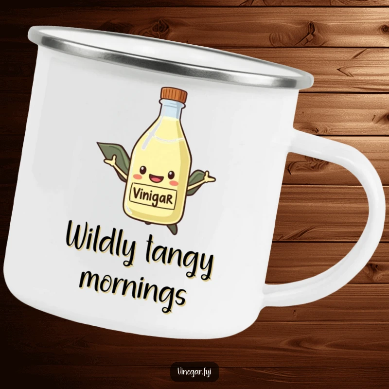 Funny Camping Mug with a smiling vinegar bottle heroically flying with a cape, perfect for outdoor enthusiasts and kitchen adventurers.