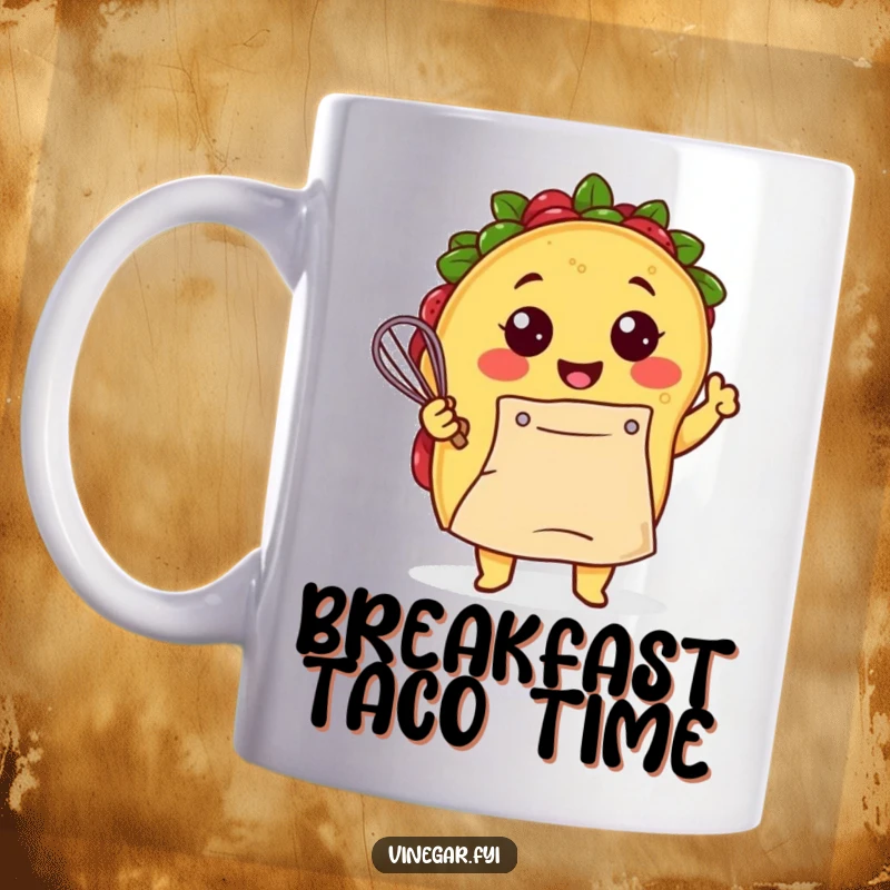 Funny Kawaii taco, wearing an apron and smiling, energetically whisking batter on this fun chef-themed mug. Culinary humor.