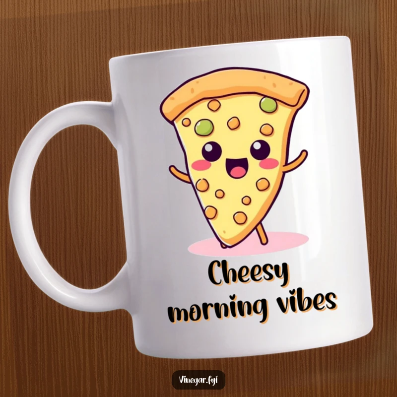 Funny Kawaii Pizza Mug: A cute slice of pizza wiggles its cheesy toppings happily, embodying pure food joy.