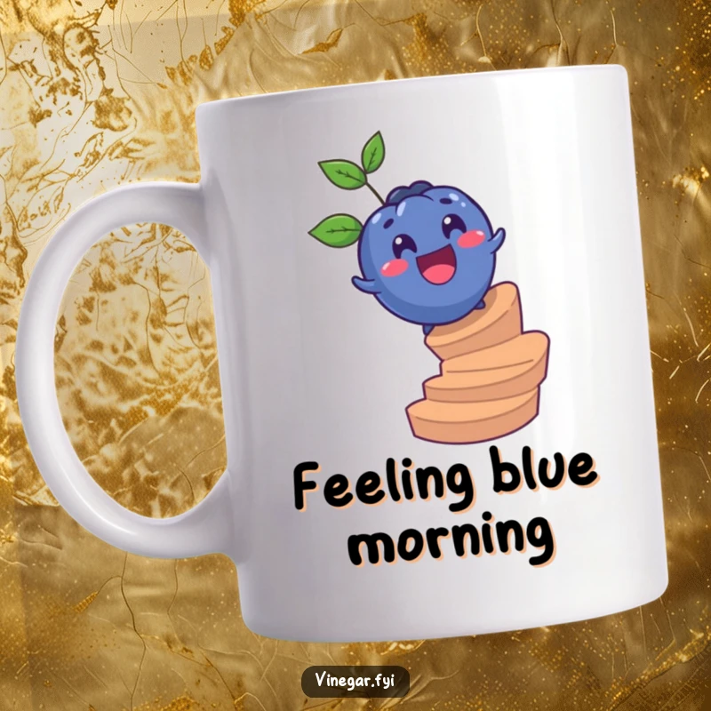 Funny mug depicting a surprised blueberry joyfully rolling down a spiral staircase, capturing a moment of whimsical, fruity chaos.