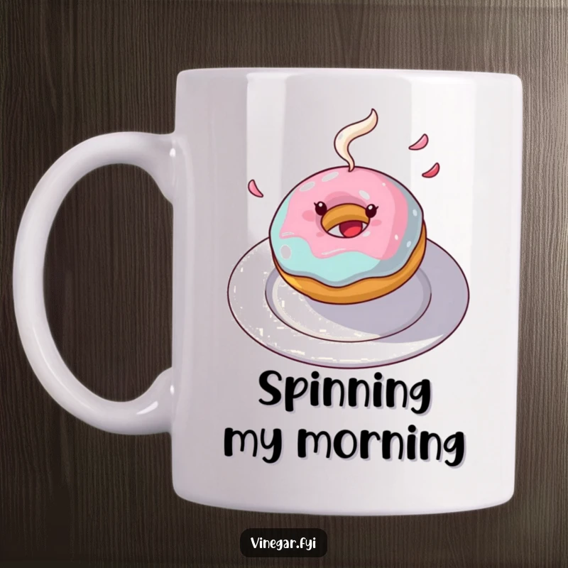 Funny donut mug featuring a joyful donut spinning with frosting flying, symbolizing sweet, chaotic happiness.