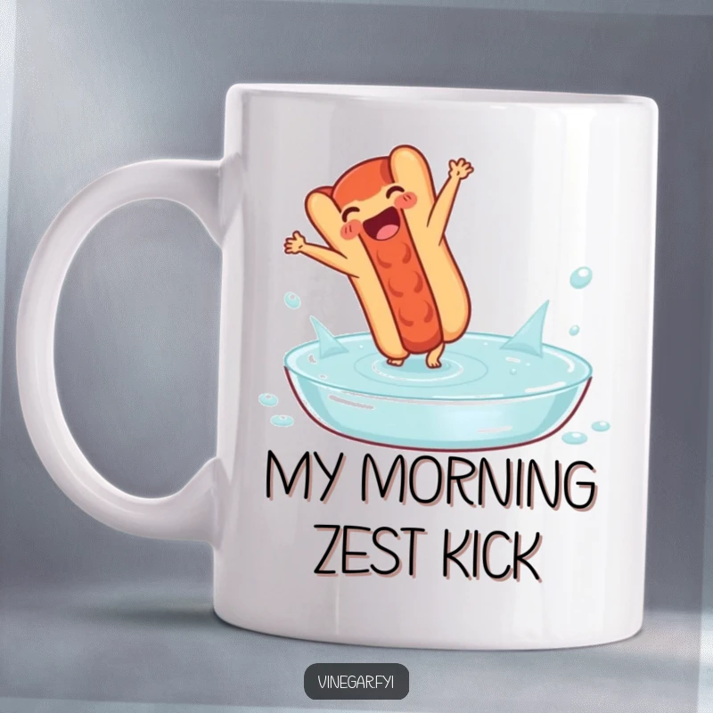 Funny mug: A delighted hot dog performs a cartwheel in a pool of vinegar, showcasing pure joy and a zest for life.