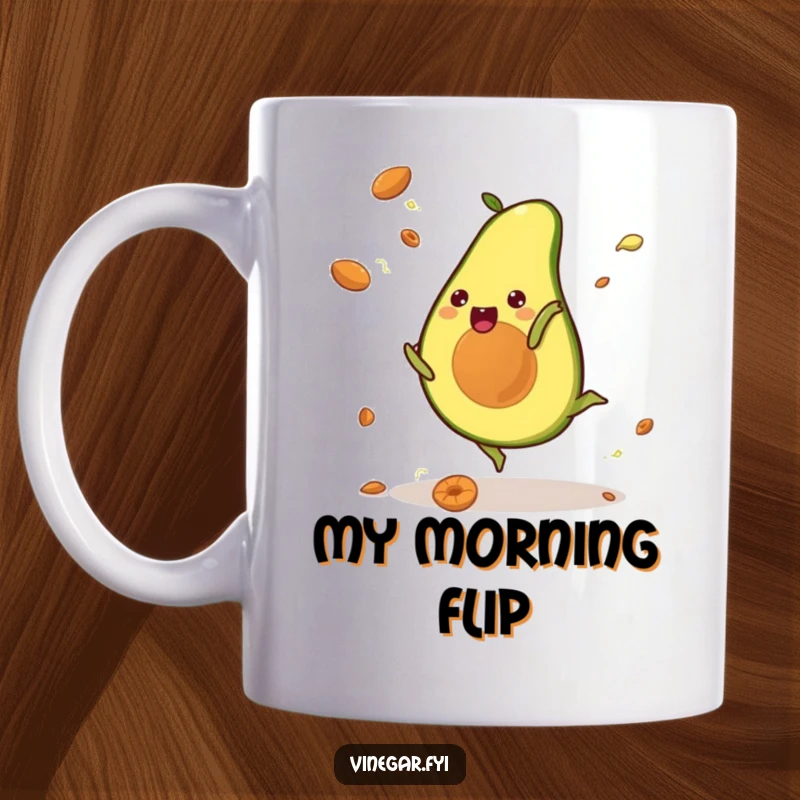 Funny mug with a kawaii avocado mid-cartwheel, pits flying, conveying pure energetic joy and a playful spirit.