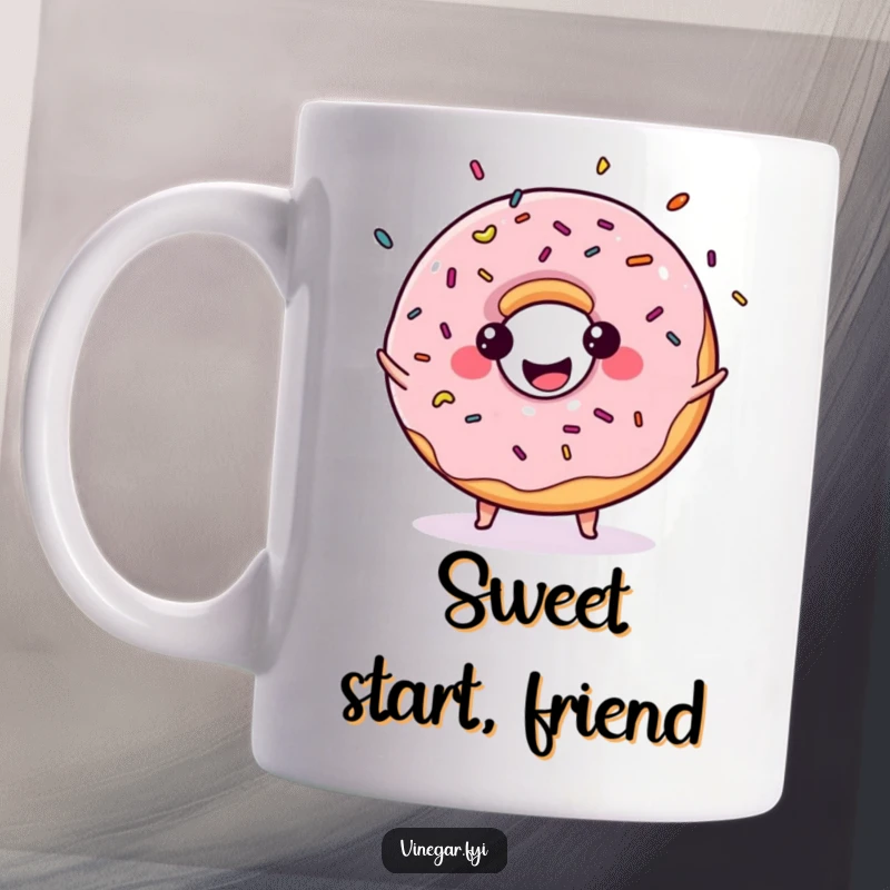 Funny mug with a kawaii donut joyfully juggling colorful sprinkles, its beaming smile radiating pure, sweet happiness.