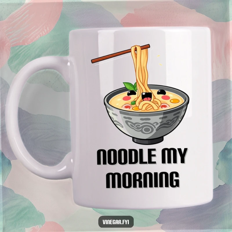 Funny kawaii ramen bowl slurping noodles with exaggerated delight on a mug, showcasing pure joy, a perfect funny gift.