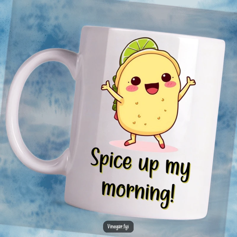 Funny kawaii taco doing a joyful jig with a lime slice hat, looking incredibly happy on a mug, a perfect funny gift.