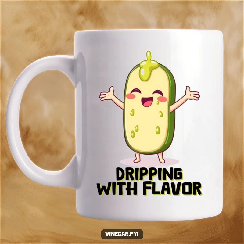Funny mug featuring a giggling pickle slice with arms outstretched, catching drips of vinegar.