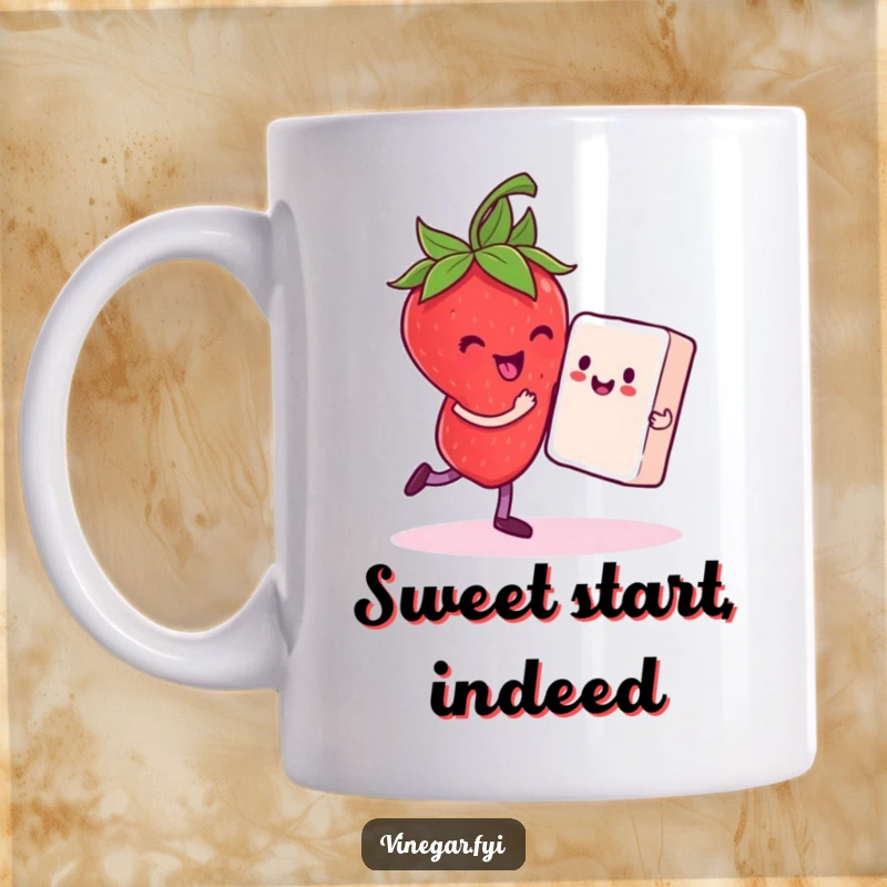 Funny mug showing a delighted strawberry joyfully dancing with a sugar cube partner, radiating happiness and sweetness.