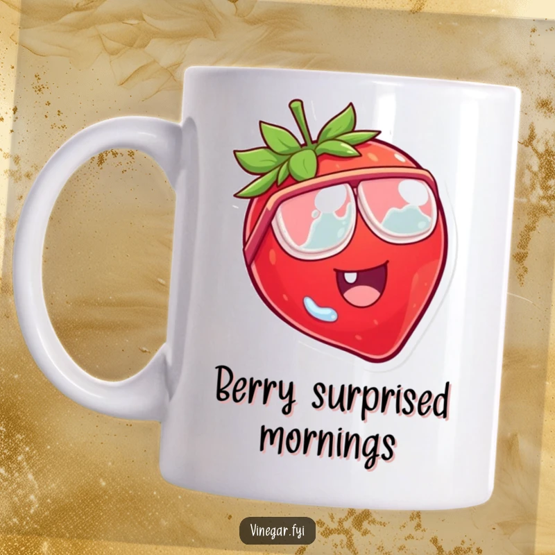 Funny mug with a laughing strawberry character wearing tiny vinegar goggles, startled expression, bright and cheerful.