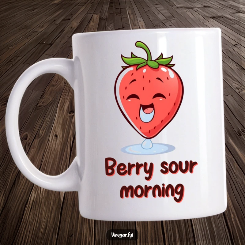 Funny mug showing a cheerful strawberry wincing dramatically as a single droplet of vinegar lands on it. A humorous and relatable fruit reaction.