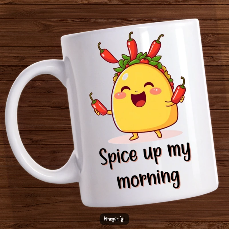 Funny mug featuring a grinning taco joyfully juggling three small, red chili peppers with impressive dexterity.
