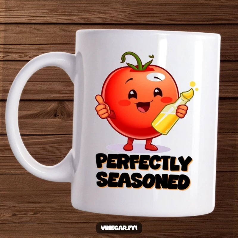Funny Mug featuring a playful cherry tomato character giving a thumbs up while holding a vinegar cruet, symbolizing a great flavor match.