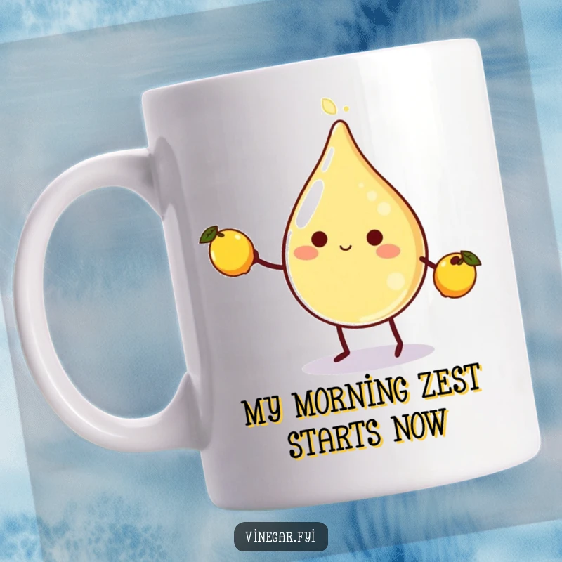 Funny vinegar droplet character joyfully juggling three small lemons on a white background, perfect for a humorous gift.