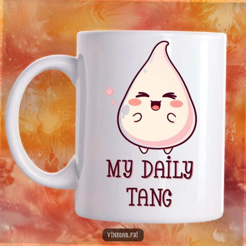 Funny Mug featuring a delighted drop of vinegar character giving a mischievous wink, embodying playful flavor and unexpected fun.