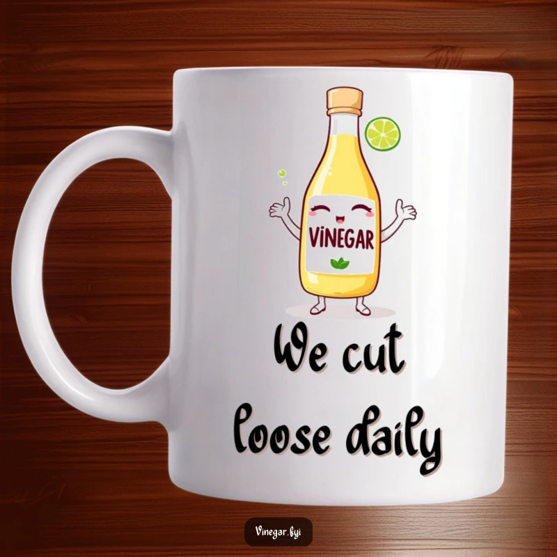 Funny mug: A winking bottle of vinegar performs a silly dance alongside a lime wedge, celebrating zest and spirited culinary fun.