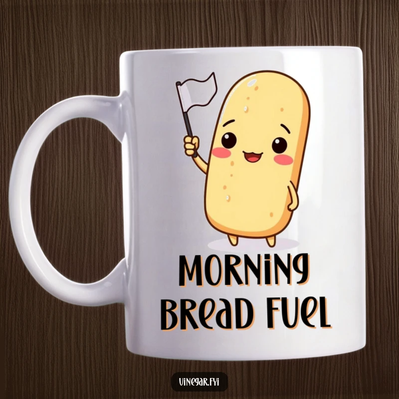 Funny mug depicting a smiling baguette holding and waving a small, colorful flag with a cheerful expression.