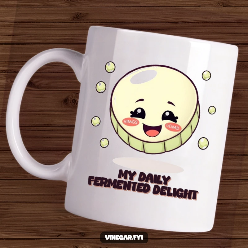 Funny mug showing a cheerful bottle cap expertly juggling tiny, glistening vinegar droplets with a playful expression.