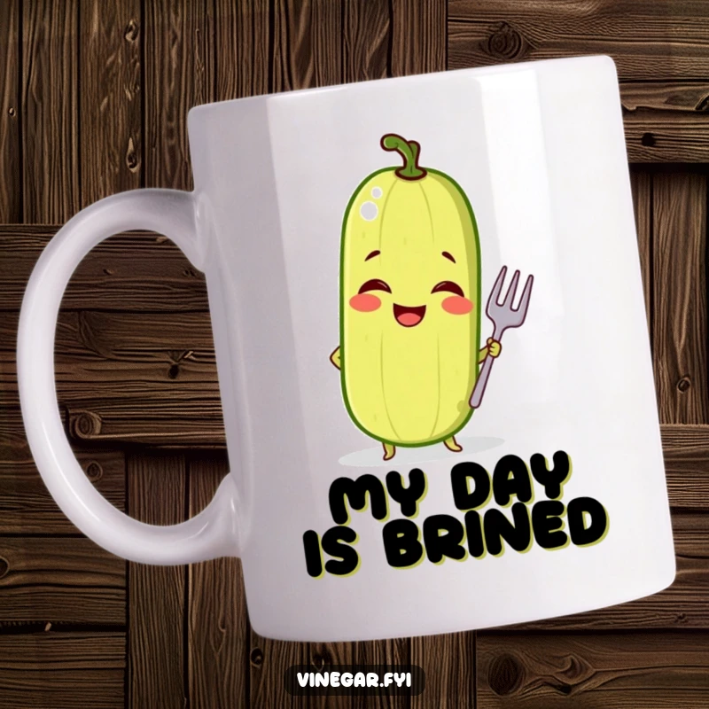Funny mug featuring a giggling pickle striking a confident pose with a tiny fork held elegantly, radiating sass.