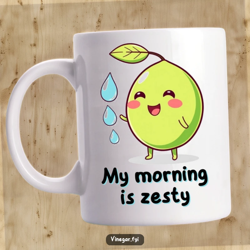 Funny mug featuring a wobbly green lime character smiling cheerfully while juggling three translucent water droplets, conveying playful hydration.