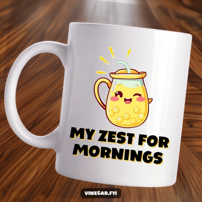 Funny mug featuring a radiant yellow lemonade pitcher character winking as it pours a clear stream, exuding playful charm and refreshing humor.