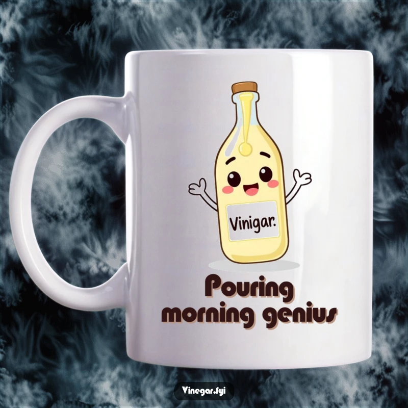 Funny mug featuring a cheerful vinegar bottle enthusiastically pouring itself onto a blank canvas, symbolizing artistic creation and humor.