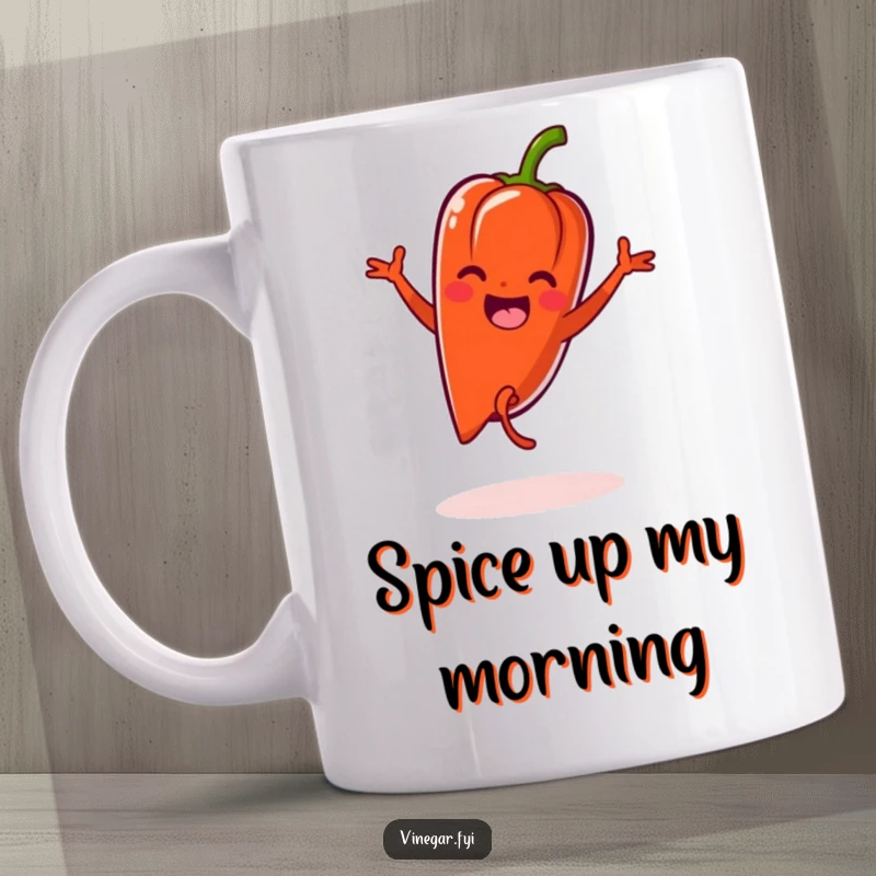 Funny Kawaii pepper character performing a cartwheel with wide arms and a big smile, printed on a ceramic mug.