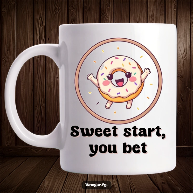 Funny mug featuring a gleeful donut covered in colorful sprinkles, enthusiastically leaping through a red hoop.