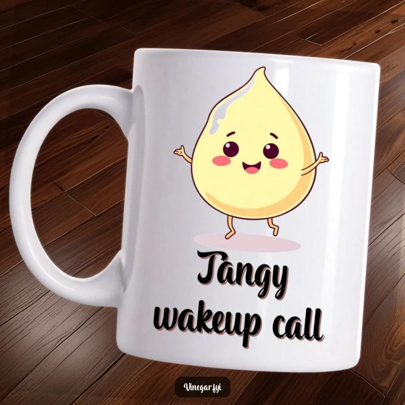 Funny mug featuring a smiling, jiggly blob of vinegar doing a happy dance with tiny legs.