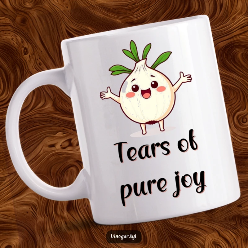 Funny Kawaii onion with arms wide open, holding a recipe card, printed on a ceramic mug.