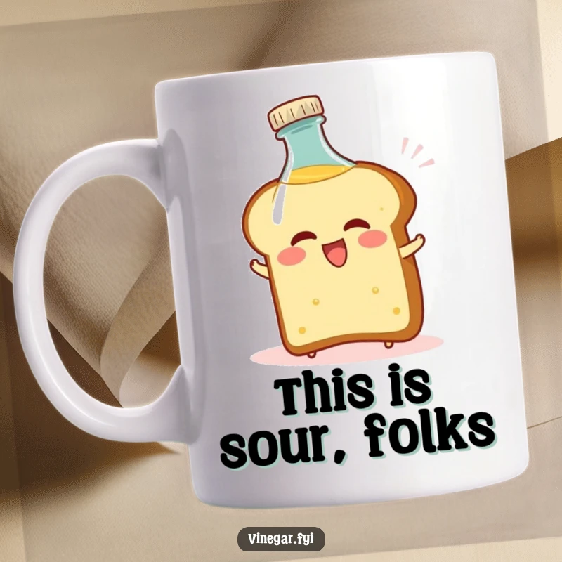 Funny mug featuring a delighted bread slice comically recoiling from a vinegar bottle, capturing a humorous moment.