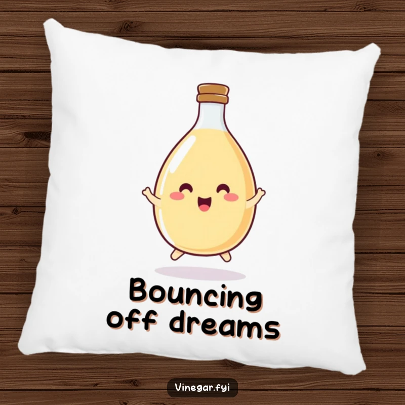 Funny vinegar bottle pillow featuring a happy, round bottle doing a little hop, bringing cozy cheer.