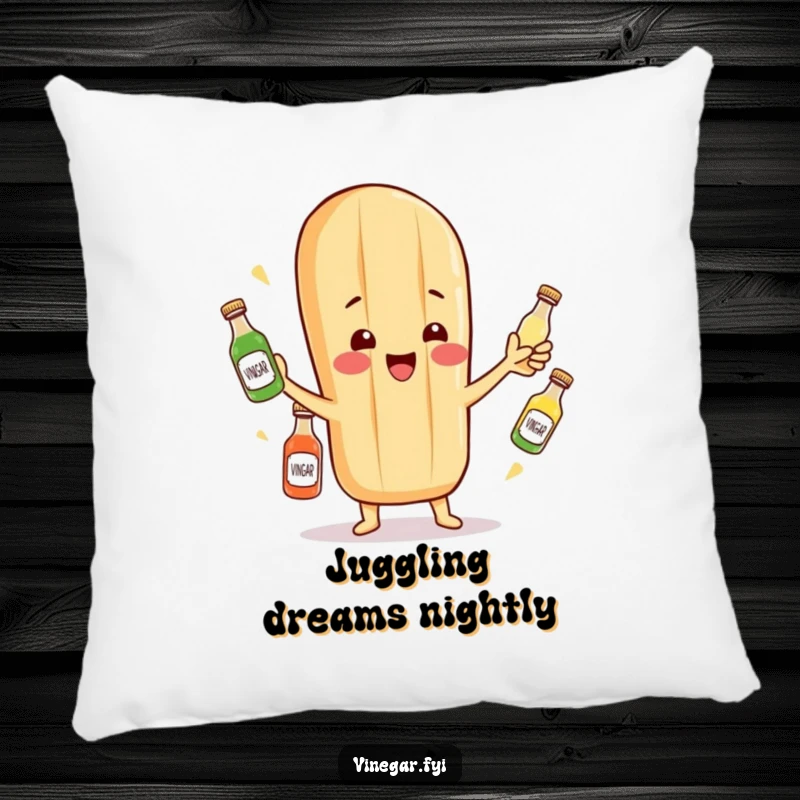 Funny pillow with a plush, cheerful baguette character juggling miniature vinegar bottles, offering comfort and smiles.