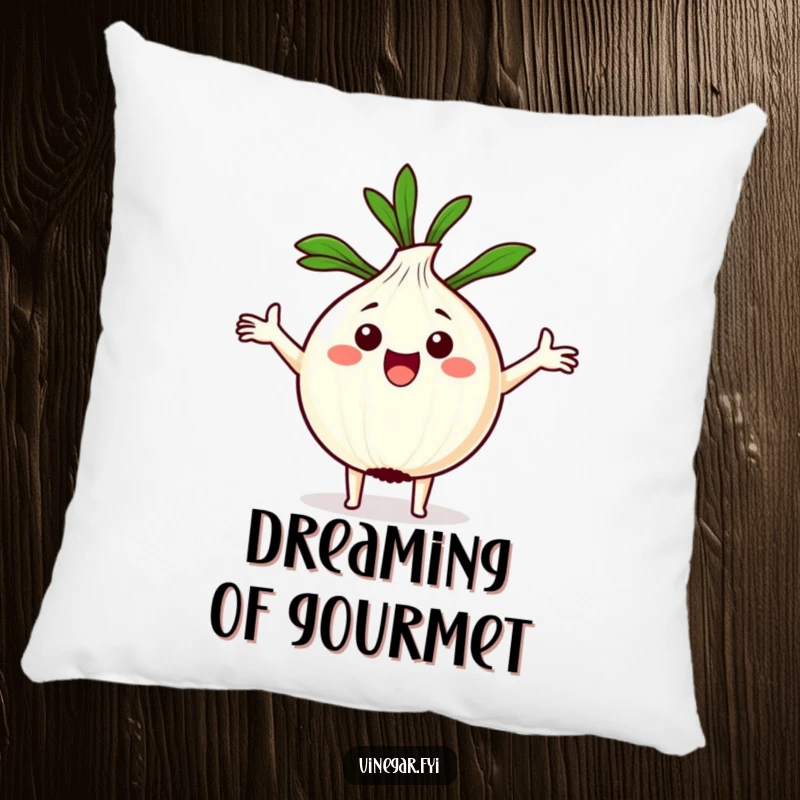 Funny Kawaii onion with arms spread wide, holding a recipe, soft and plush pillow for comfort and humor.