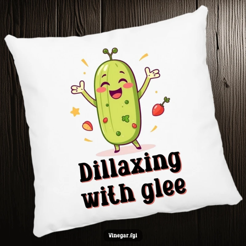 Funny pillow designed with a happy pickle dancing amongst salad ingredients, offering comfort and a dose of humorous celebration.