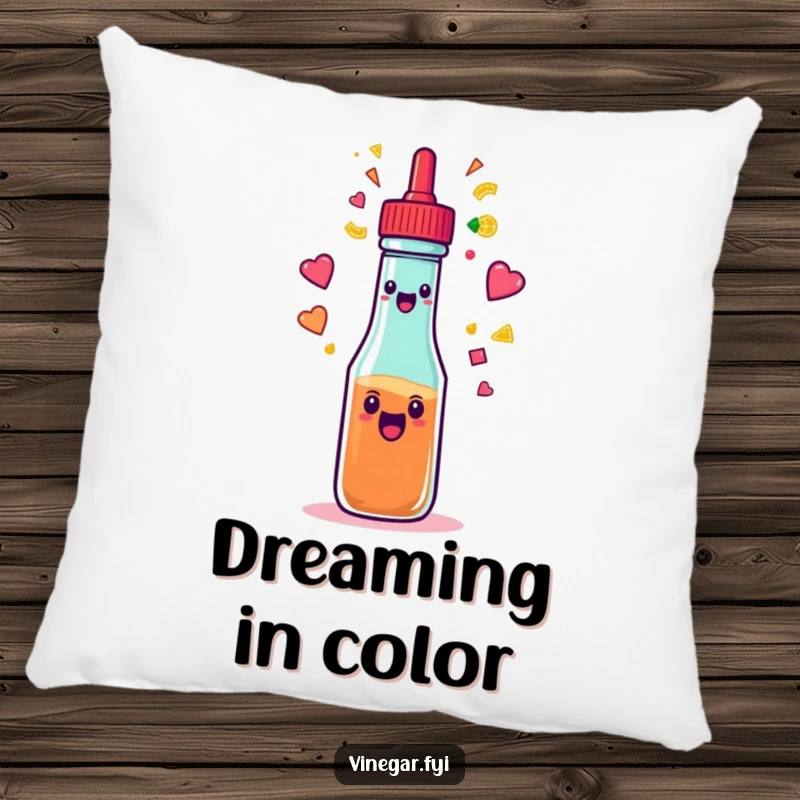 Funny condiment squeeze bottle spraying a rainbow of shapes on a soft pillow, bringing humorous color to any space.