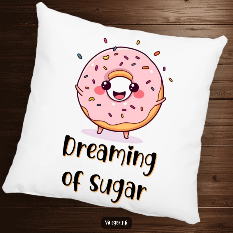 Funny pillow with a kawaii donut juggling sprinkles, offering soft comfort and a cheerful, sweet, and humorous design.