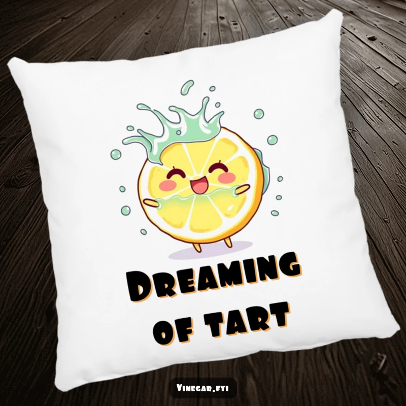 Funny happy lemon slice character playfully splashing vinegar on a soft pillow, ideal funny gift.