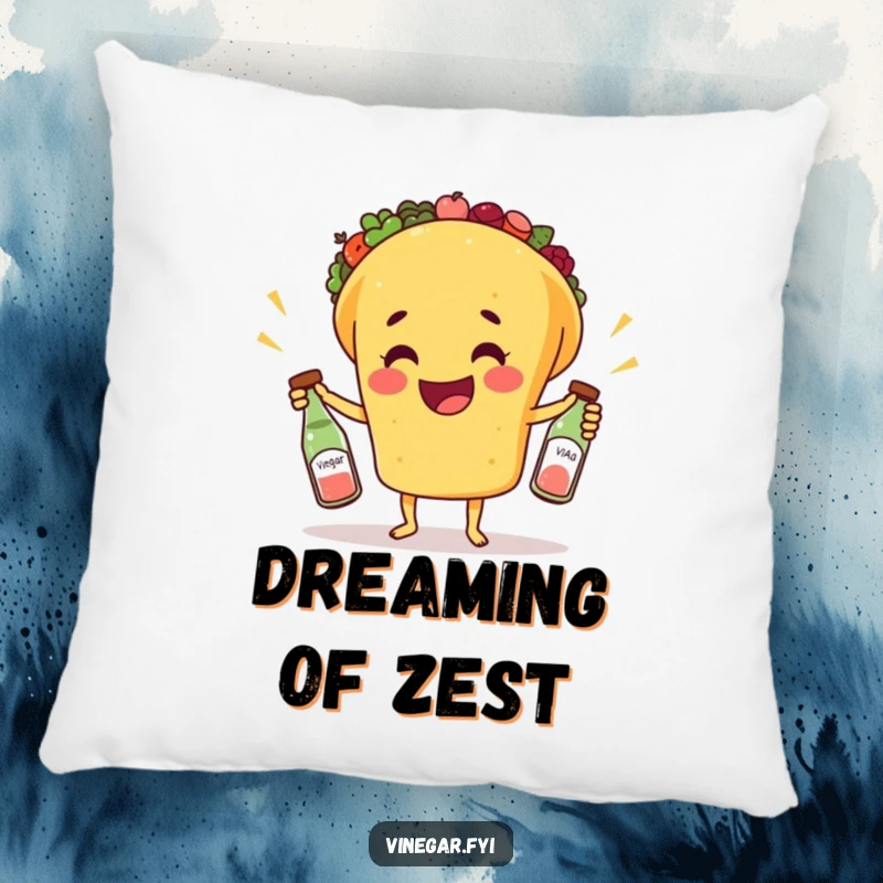 Funny pillow illustration of a happy taco juggling vinegar bottles, providing a humorous and cozy decorative accent.