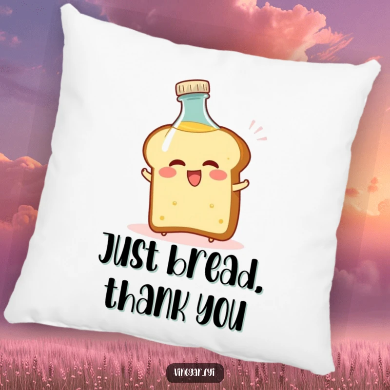 Funny pillow featuring a bread slice comically recoiling from a vinegar bottle, offering comfort and a dose of humor.