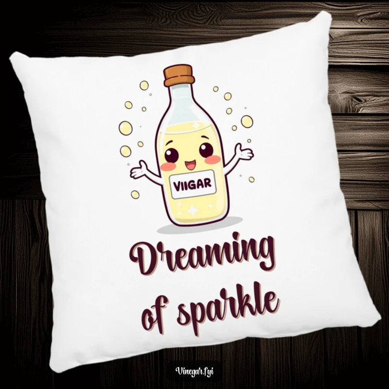 Funny Pillow featuring a playful vinegar bottle character juggling sparkling droplets, offering comfort and a touch of delightful fun.