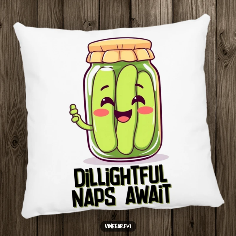 Funny pillow featuring a happy Kawaii pickle jar character with a big smile, soft and comfortable, a funny home accent.
